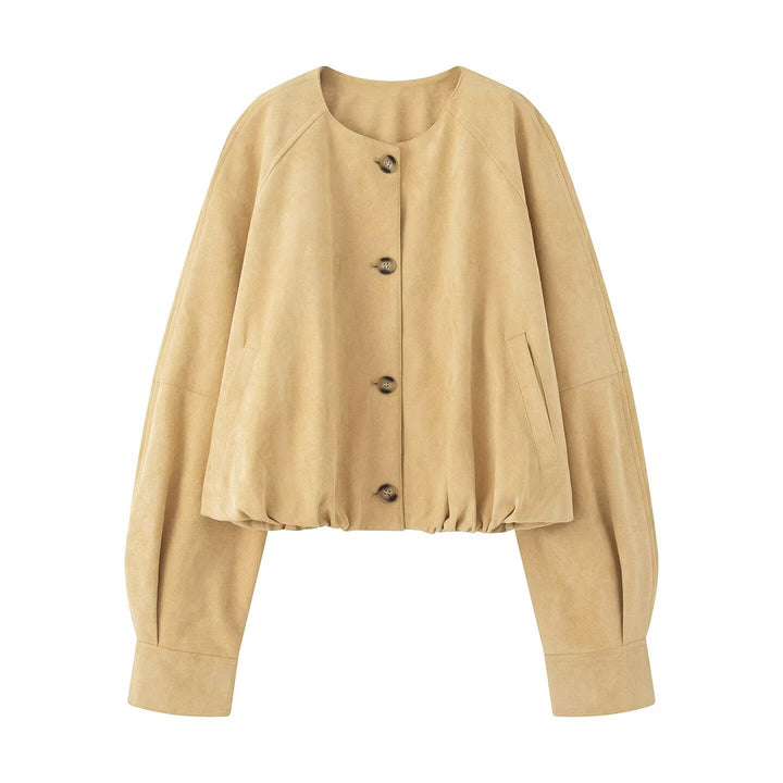 Women Short Blouson Jacket in Cropped Look with Round Neckline and Balloon Sleeves