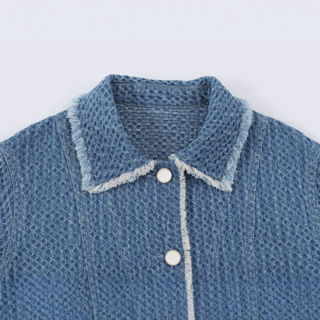 Ladies Cropped Boxy Denim Jacket with Waffle Texture, Patch Pockets and Fringe Trim