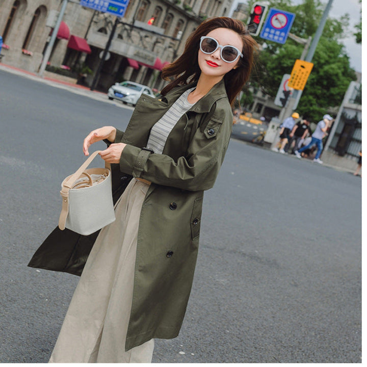 Women Mid-length Trench Coat with figure-flattering tie belt and adjustable cuffs