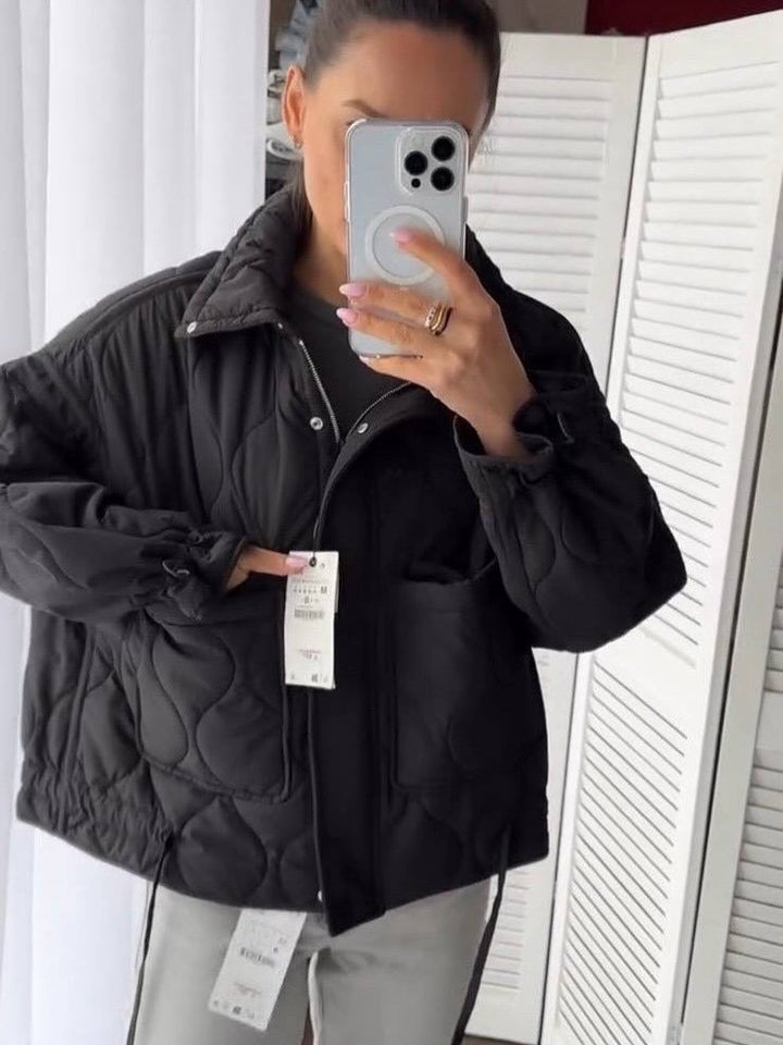Women Short Cut Quilted Padded Jacket with Stand Collar