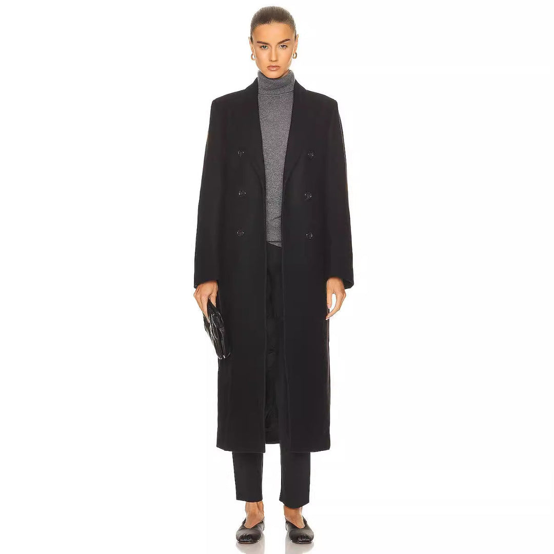 Women Maxi Length Double Breasted Wool Blend Long Coat with Tailored Finish