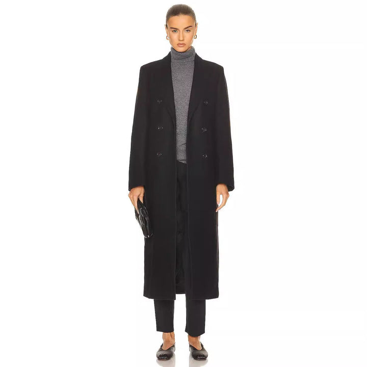 Women Maxi Length Double Breasted Wool Blend Long Coat with Tailored Finish
