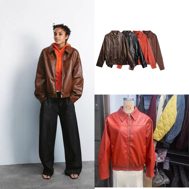 Women Boxy Faux Leather Blouson Jacket with Shirt Collar, Zip and Elastic Hem