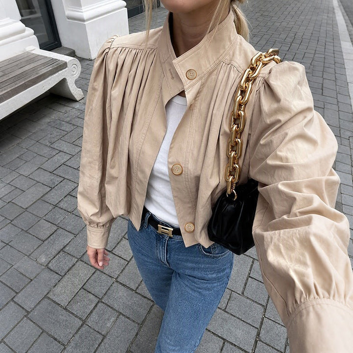Women Light Short Jacket with Balloon Sleeves, Puff Shoulders &amp; Elastic Hem