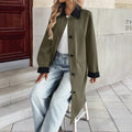 Women's long trench coat with contrast collar and cuffed sleeves