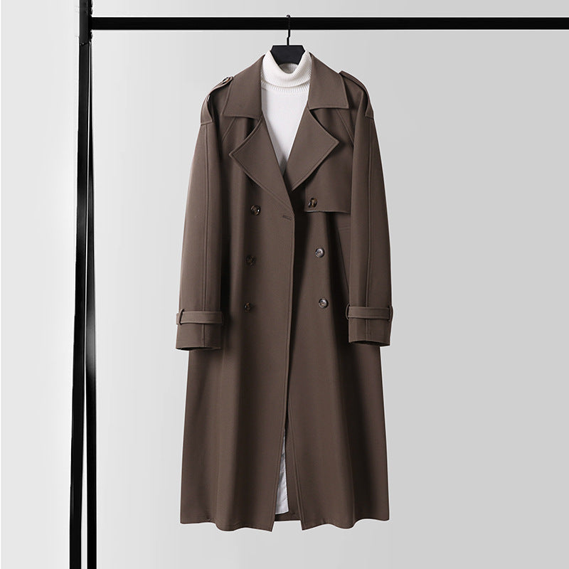 Ladies Elegant Maxi Trench Coat made of wool blend with wide shawl collar and tie belt