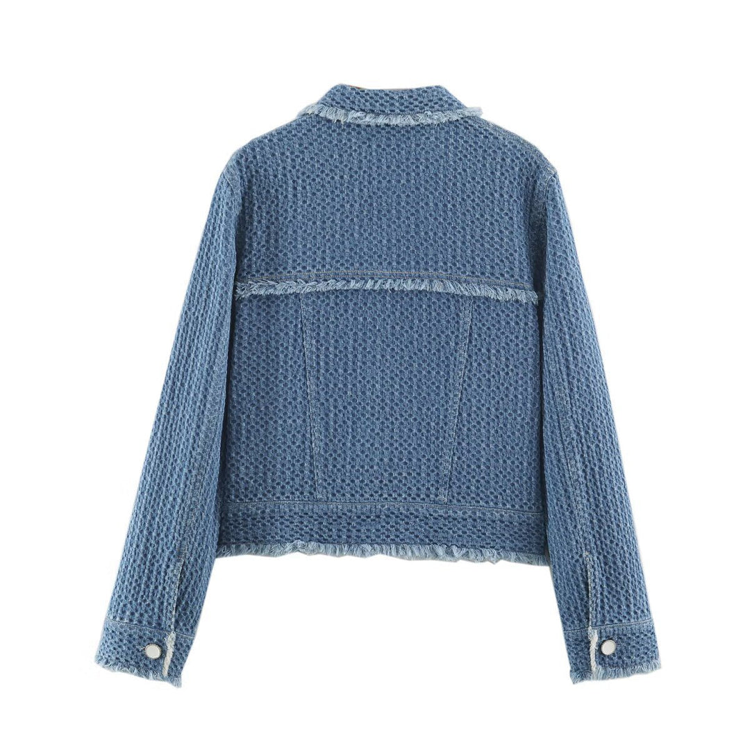 Ladies Cropped Boxy Denim Jacket with Waffle Texture, Patch Pockets and Fringe Trim
