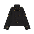 Women's Short Double-Breasted Trench Coat with Waistbelt, Epaulettes and Gold-colored Details