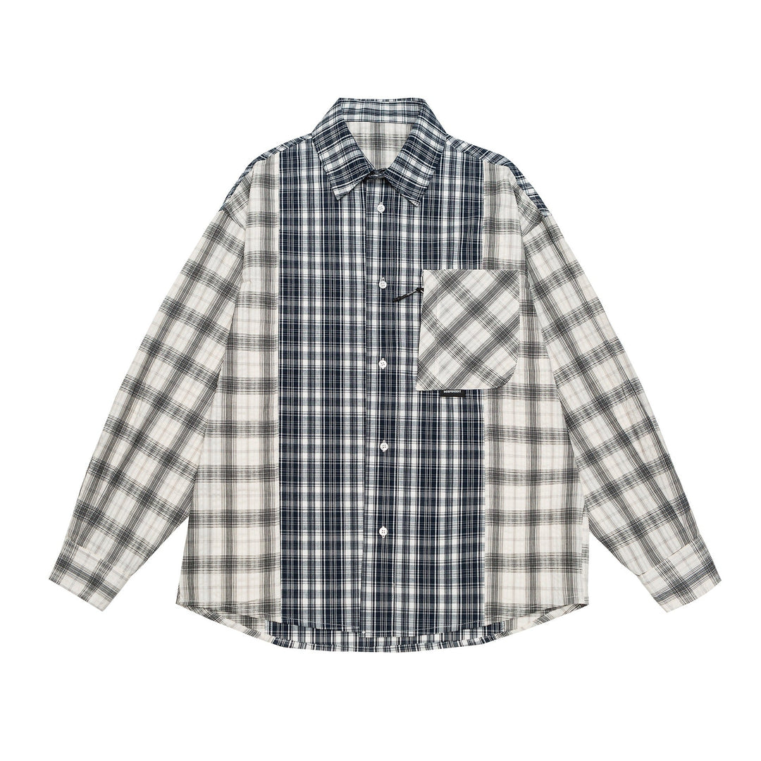 Unisex Oversized Shirt Jacket with Patchwork Check Pattern and Rounded Hem