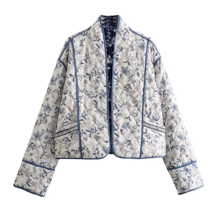 Ladies quilted kimono jacket with floral all-over pattern and contrasting piping