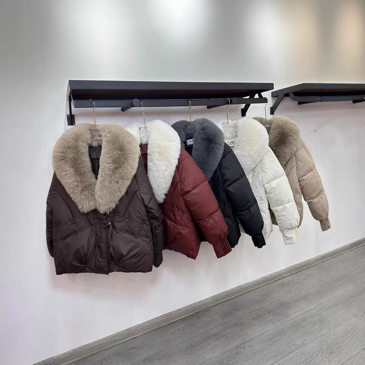 Women nan short padded jacket with voluminous faux fur collar and waist draw