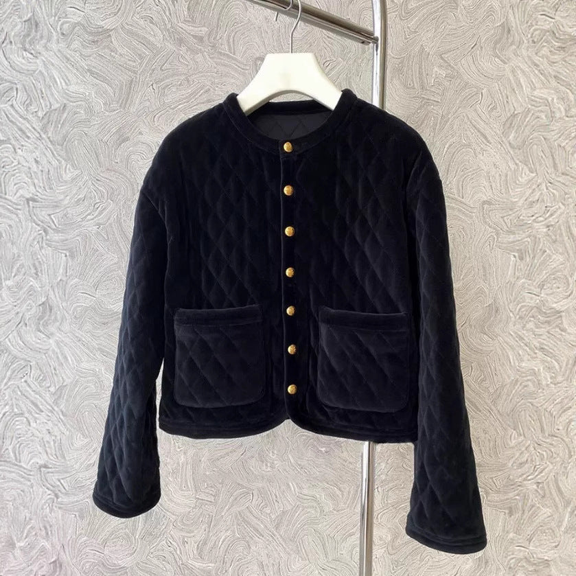 Ladies short cut quilted velvet cardigan with golden medallion buttons