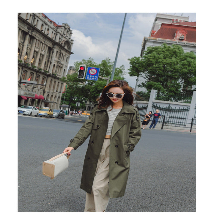 Women Mid-length Trench Coat with figure-flattering tie belt and adjustable cuffs