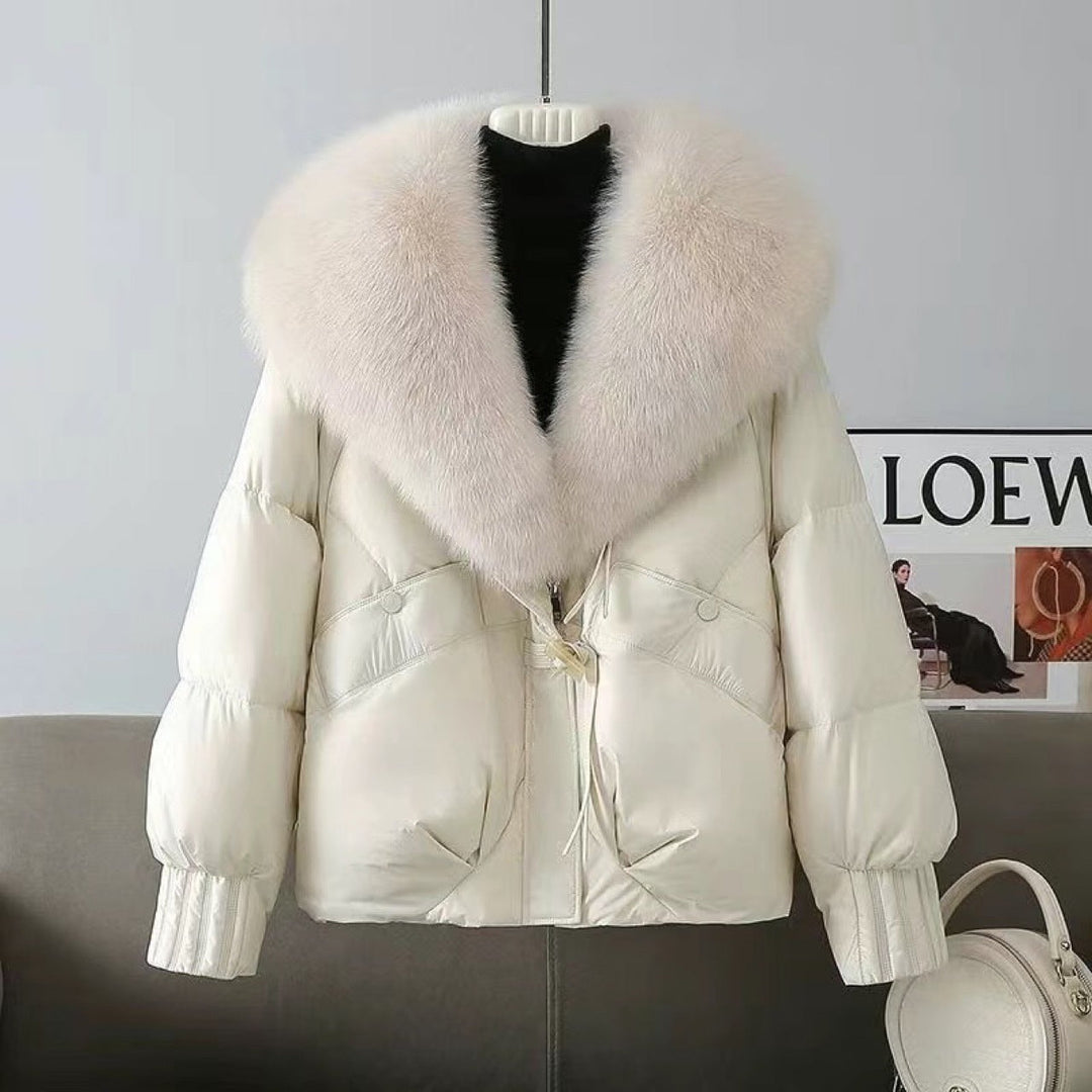 Women nan short padded jacket with voluminous faux fur collar and waist draw