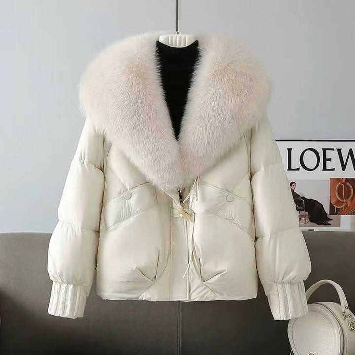 Women nan short padded jacket with voluminous faux fur collar and waist draw
