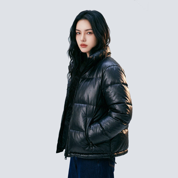 Women Short Cut Quilted Faux Leather Padded Jacket with High Standing Collar