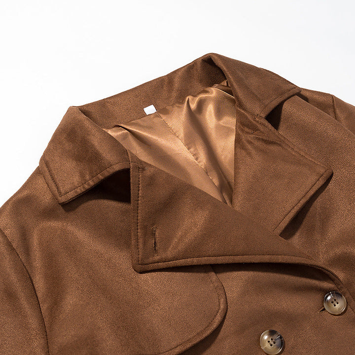 Women Long Double-breasted Coat in Trench Coat Style with Waist Belt and Sleeve Tabs