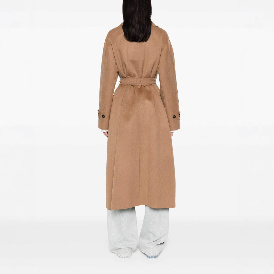 Women’s wrap coat made of wool blend with waist belt and oversized shoulder