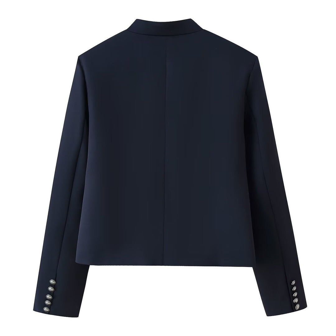 Women’s short military-style jacket with stand-up collar, decorative cord trimming, and decorative buttons