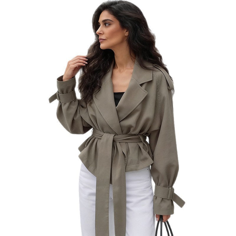Women Lightweight Short Trench Coat with Wide Lapels, Long Ties and Adjustable Cuffs