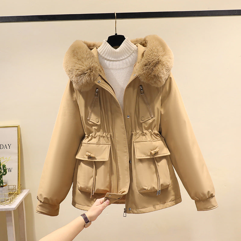 Ladies nano thermo parka with hood, voluminous faux fur collar, drawstring waist and multifunctional pockets