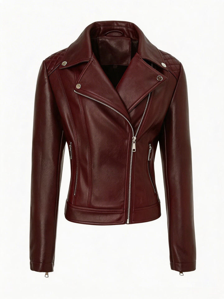 Women Tailored Leather Biker Jacket with Asymmetrical Zip