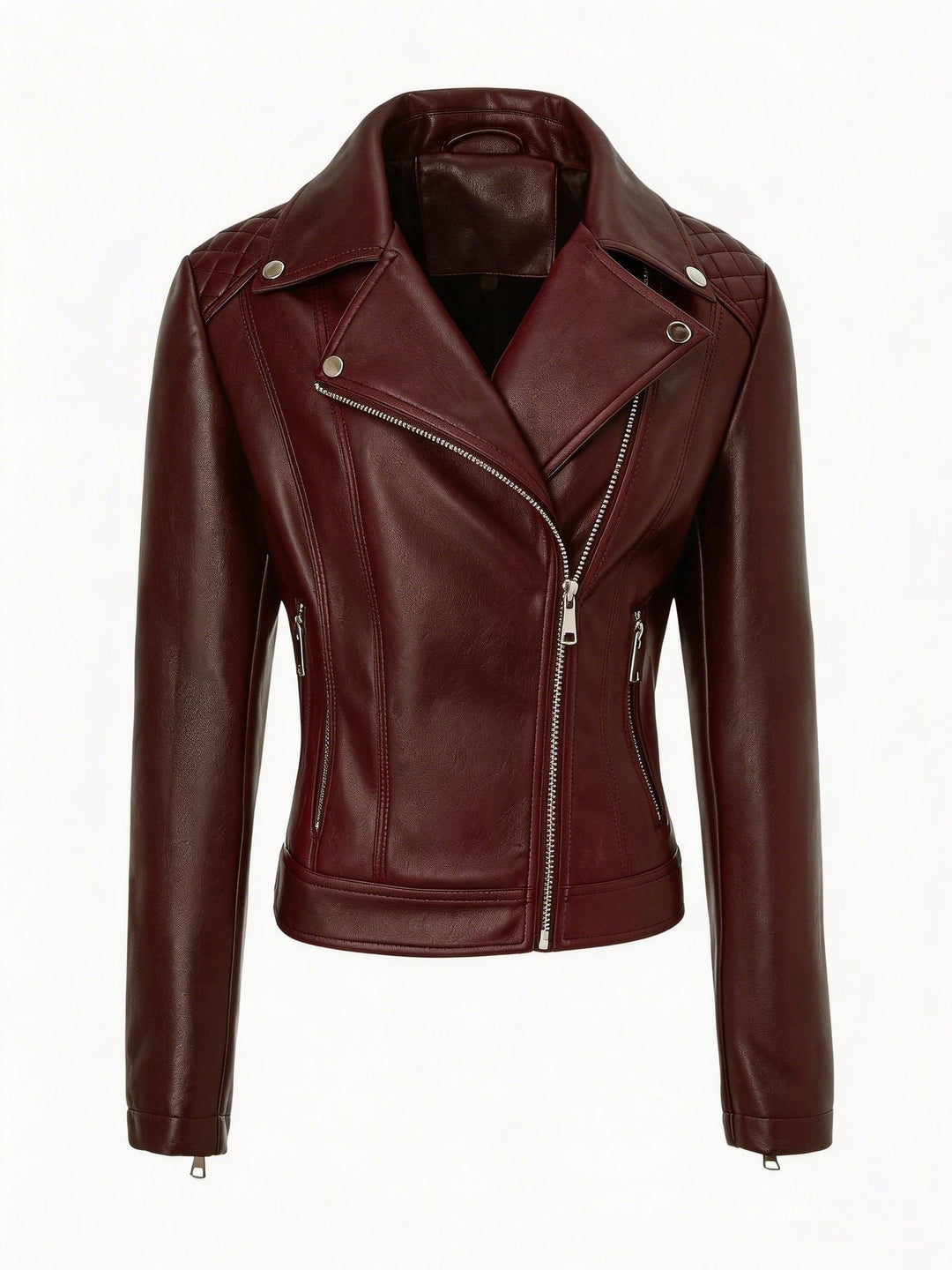 Women tailored biker leather jacket with quilted shoulders and asymmetric zip