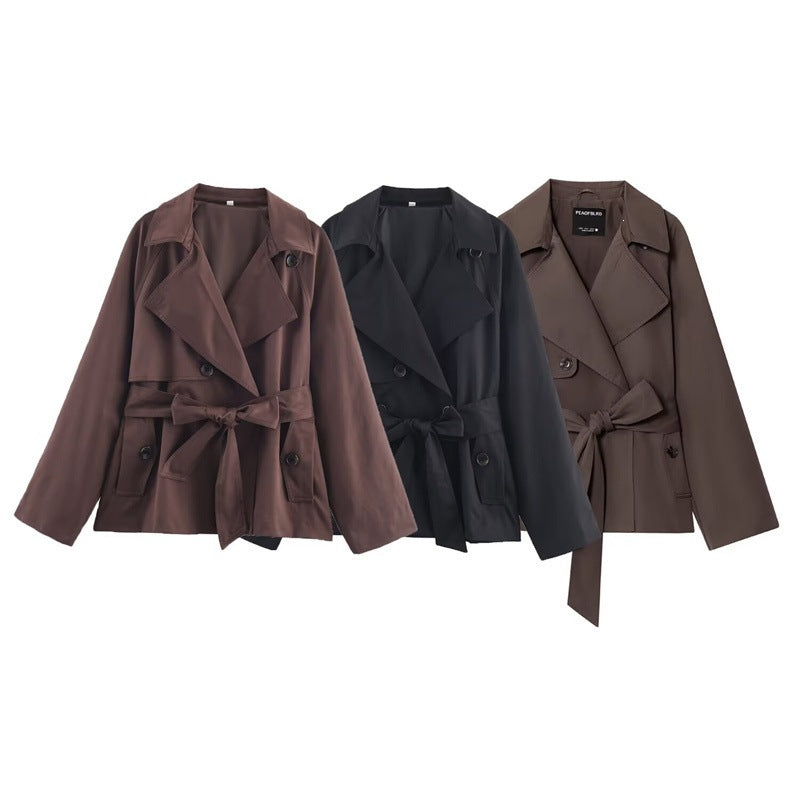 Ladies Cropped Trench Coat with Shawl Collar, Tie Belt and Flap Pockets