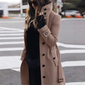 Women's Long Cut Trench Coat with High Stand Collar, Button Placket and Waist Belt Look