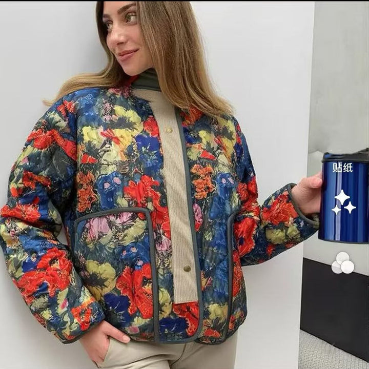 Women Quilted Transitional Jacket with Floral Allover Pattern and Stand Collar