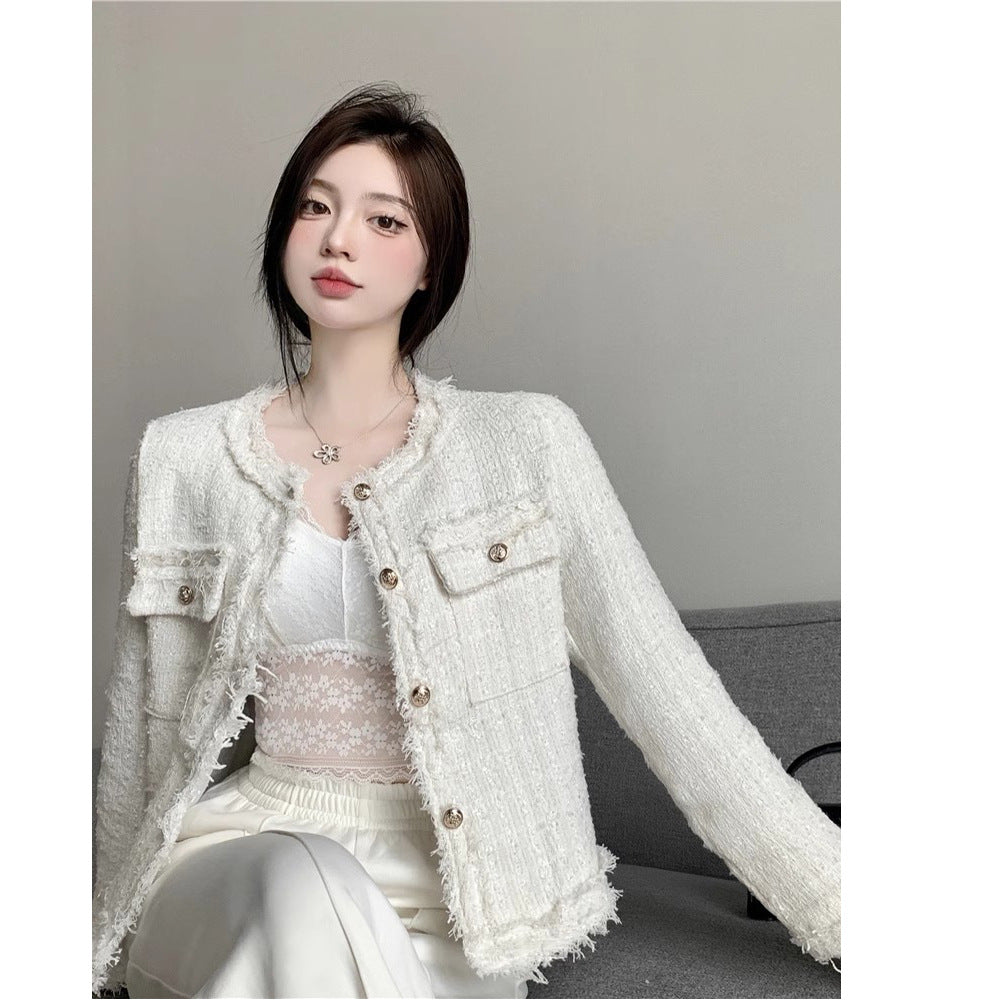 | Jacket with Raw Edge, Temperament and High-Quality Metal Buttons