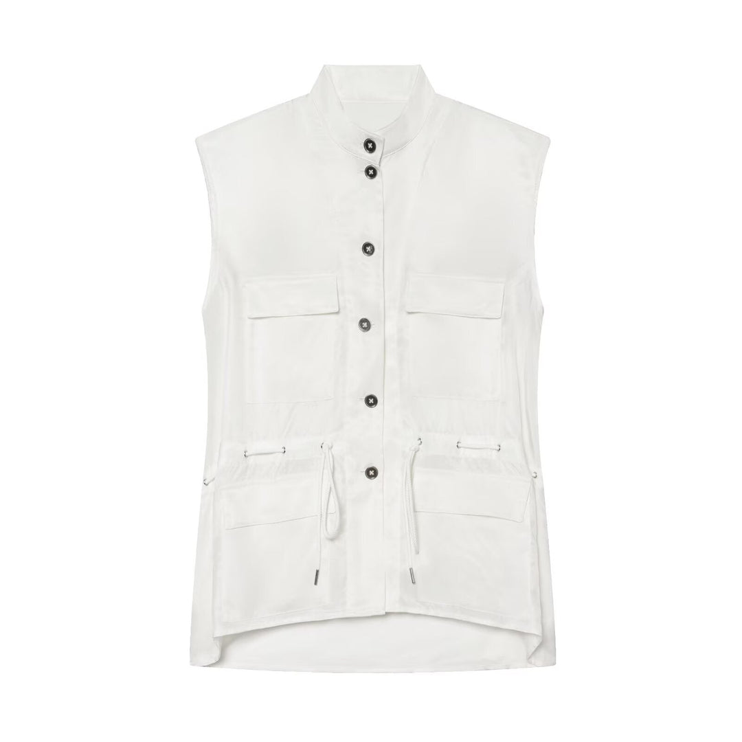 Women’s Utility Vest with Drawstring, Flap Pockets and Stand Collar
