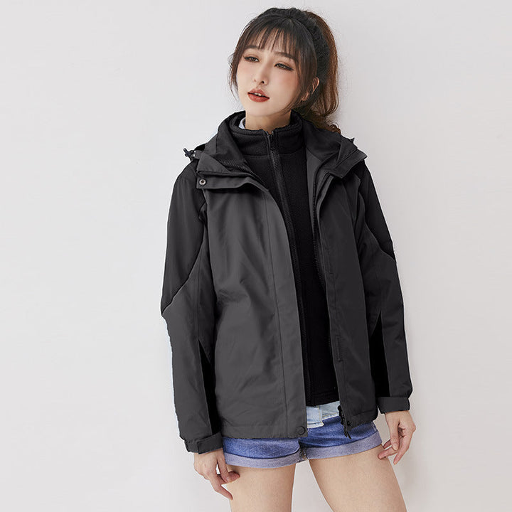 Women double-layer outdoor jacket with removable fleece inner jacket and windproof membrane