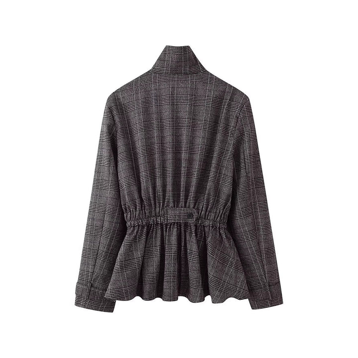 Women Tailored Transitional Jacket with Drawstring Waist and Stand-Up Collar