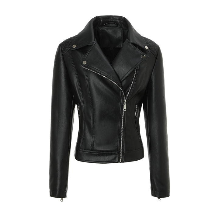 Women Tailored Biker Leather Jacket with Quilted Shoulders