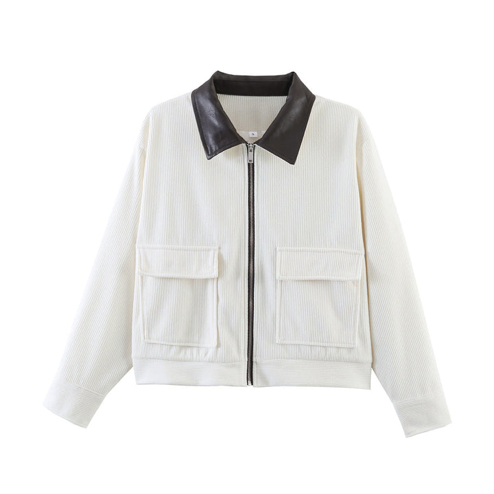 Women Ribbed Short Jacket with Zip, Patch Pockets and Contrast Faux Leather Collar
