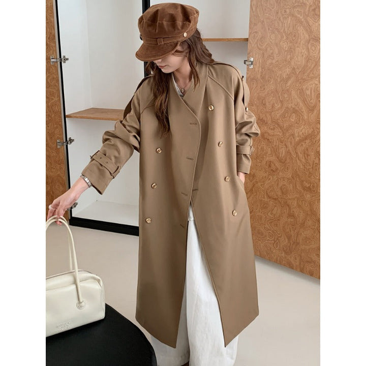 Women Long Cut Trench Coat with Double-Breasted Button Placket and Adjustable Sleeve Straps