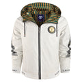 Men's lightweight hooded jacket with striped lining, logo sleeve print, and elastic hem.