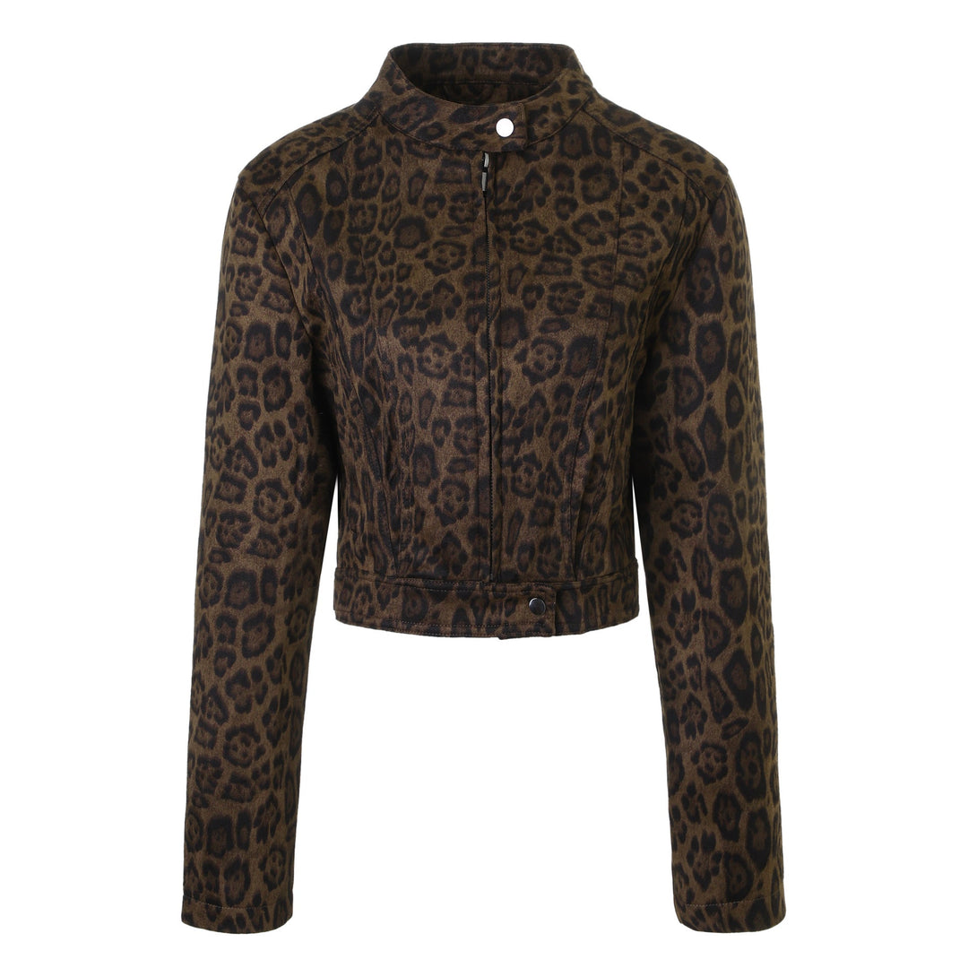 Women Short Tailored Suede Look Jacket with Stand-Up Collar
