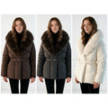Women's tailored quilted jacket with oversized faux fur collar, fitted belt, and warming thermal insulation