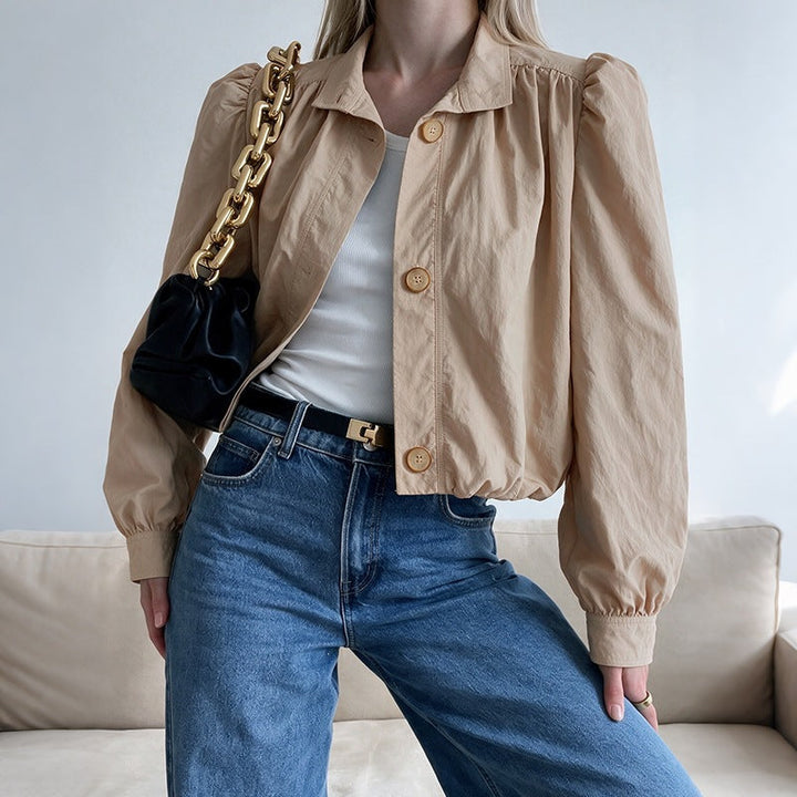 Women Light Short Jacket with Balloon Sleeves, Puff Shoulders &amp; Elastic Hem