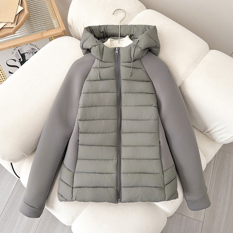 Ladies nano quilted hybrid jacket with hood, softshell sleeves and light thermal insulation