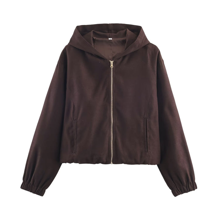 Ladies Boxy Hooded Jacket in Velvet Look with Full Zip and Elastic Hem