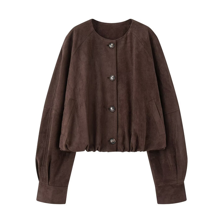 Women Short Blouson Jacket in Cropped Look with Round Neckline and Balloon Sleeves