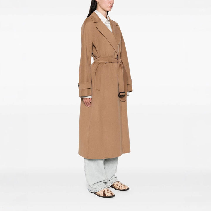 Women’s wrap coat made of wool blend with waist belt and oversized shoulder