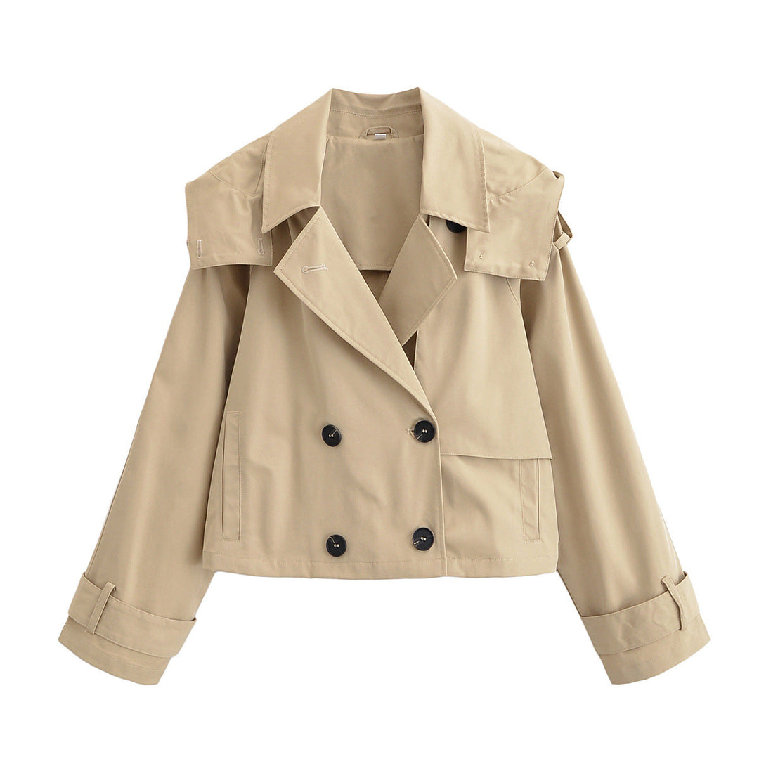 Women short jacket in trench coat style with double-breasted button placket and adjustable cuffs