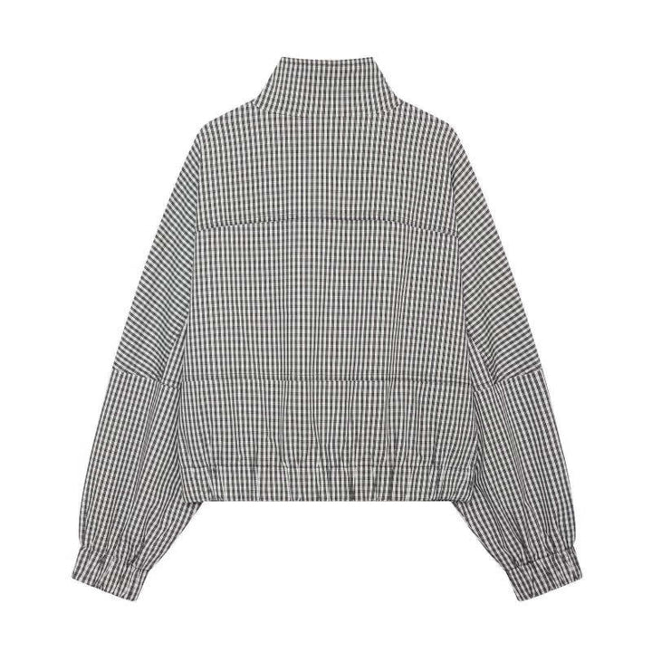 Women Cropped Boxy Jacket in Vichy Check with Stand Collar and Two-Way Zip