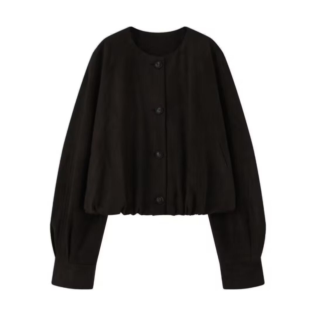 Women Short Blouson Jacket in Cropped Look with Round Neckline and Balloon Sleeves