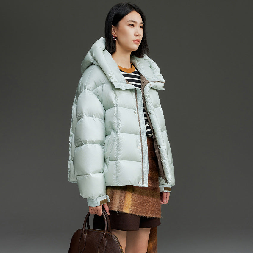 Ladies Short Boxy Quilted Jacket with Oversized Sleeves, High Thermal Collar and Hood