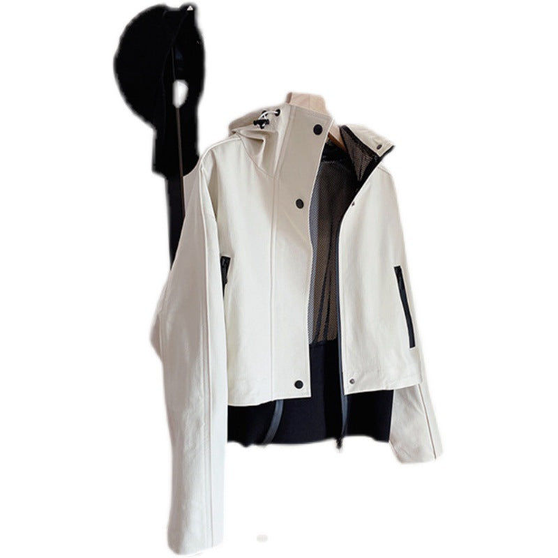 Women Short Hooded Jacket with Mesh Lining, Concealed Zip and Contrast Details
